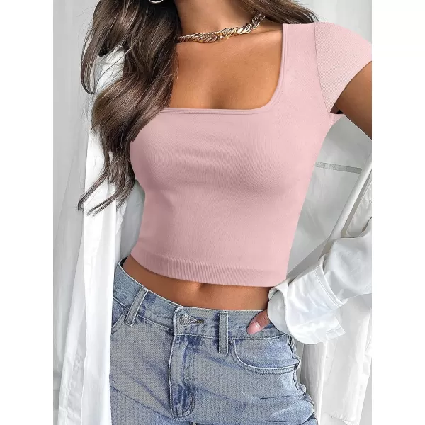 imageANRABESS Womens Crop Tops Slim Fit Short Sleeve Square Neck Basic Tees Going Out Ribbed Tight T ShirtsPink
