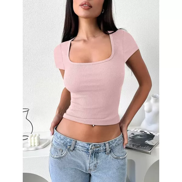 imageANRABESS Womens Crop Tops Slim Fit Short Sleeve Square Neck Basic Tees Going Out Ribbed Tight T ShirtsPink