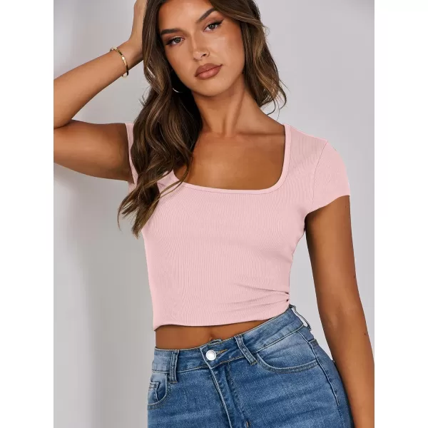 imageANRABESS Womens Crop Tops Slim Fit Short Sleeve Square Neck Basic Tees Going Out Ribbed Tight T ShirtsPink