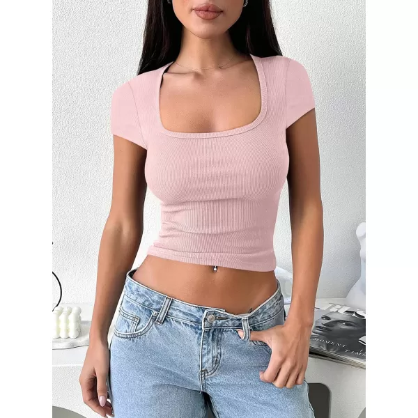 imageANRABESS Womens Crop Tops Slim Fit Short Sleeve Square Neck Basic Tees Going Out Ribbed Tight T ShirtsPink