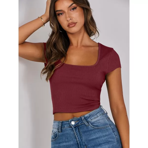 imageANRABESS Womens Crop Tops Slim Fit Short Sleeve Square Neck Basic Tees Going Out Ribbed Tight T ShirtsRust