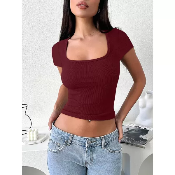 imageANRABESS Womens Crop Tops Slim Fit Short Sleeve Square Neck Basic Tees Going Out Ribbed Tight T ShirtsRust