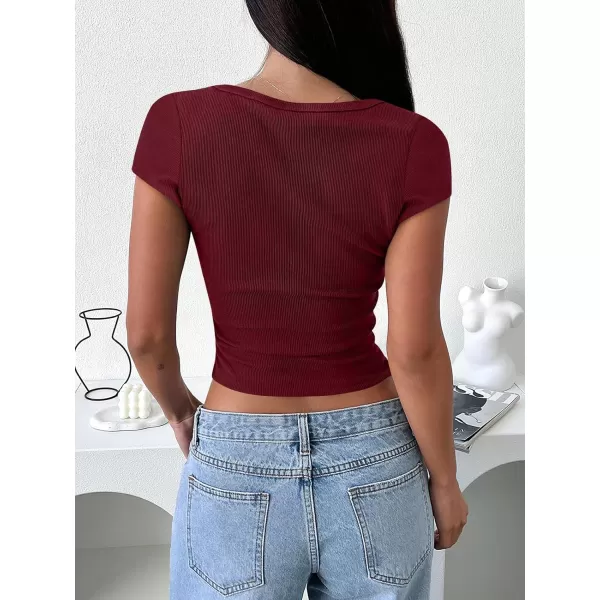 imageANRABESS Womens Crop Tops Slim Fit Short Sleeve Square Neck Basic Tees Going Out Ribbed Tight T ShirtsRust