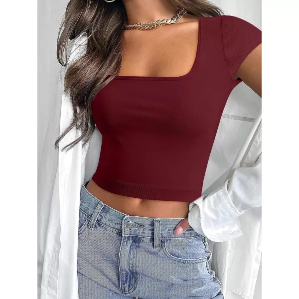imageANRABESS Womens Crop Tops Slim Fit Short Sleeve Square Neck Basic Tees Going Out Ribbed Tight T ShirtsRust