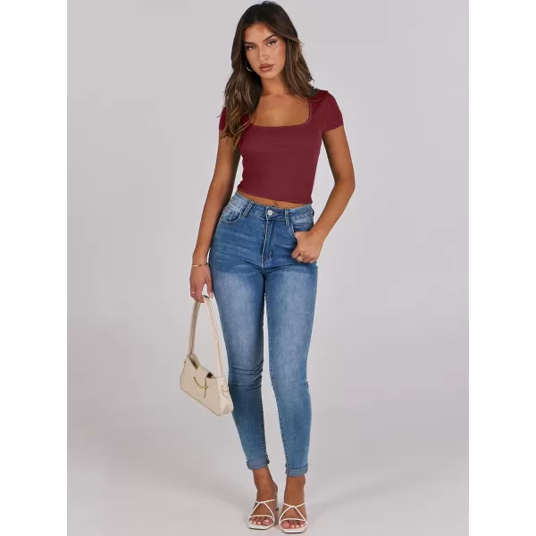 imageANRABESS Womens Crop Tops Slim Fit Short Sleeve Square Neck Basic Tees Going Out Ribbed Tight T ShirtsRust
