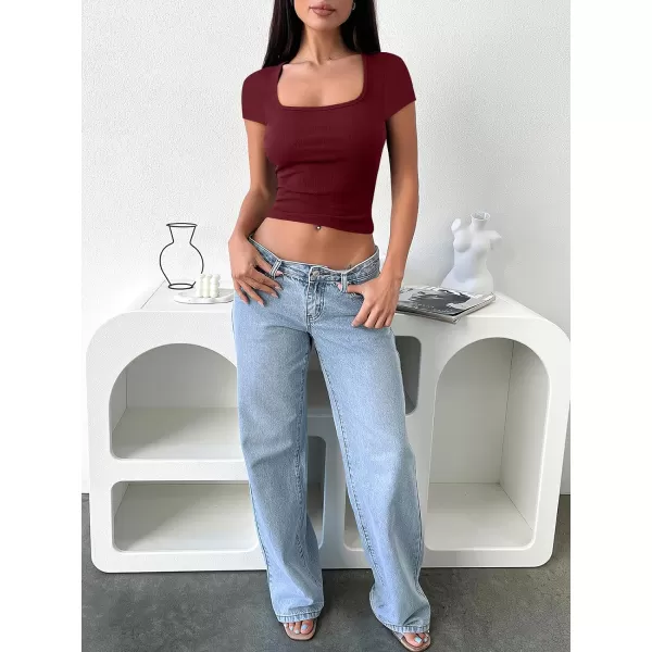imageANRABESS Womens Crop Tops Slim Fit Short Sleeve Square Neck Basic Tees Going Out Ribbed Tight T ShirtsRust