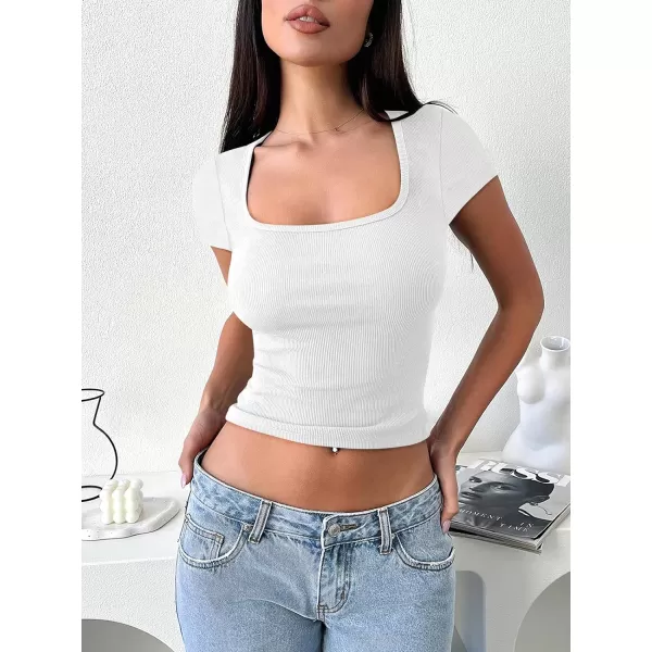 imageANRABESS Womens Crop Tops Slim Fit Short Sleeve Square Neck Basic Tees Going Out Ribbed Tight T ShirtsWhite