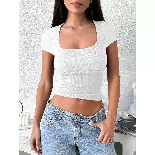 imageANRABESS Womens Crop Tops Slim Fit Short Sleeve Square Neck Basic Tees Going Out Ribbed Tight T ShirtsWhite