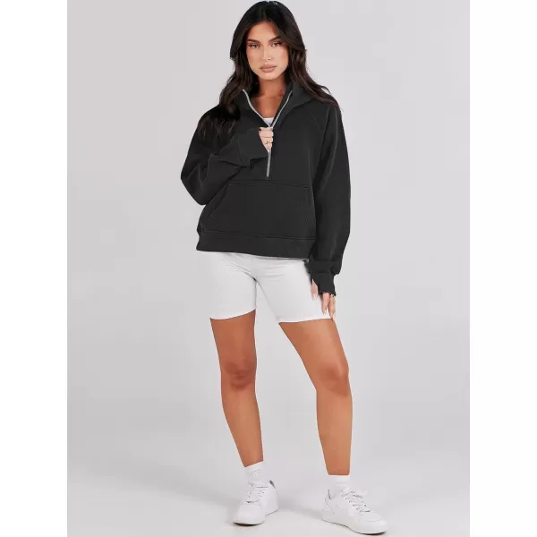 imageANRABESS Womens Cropped Sweatshirts Half Zip Pullover Fleece Quarter Zipper Hoodies 2023 Fall Clothes Sweater Thumb HoleBlack