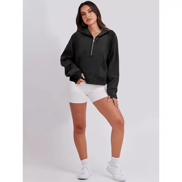 imageANRABESS Womens Cropped Sweatshirts Half Zip Pullover Fleece Quarter Zipper Hoodies 2023 Fall Clothes Sweater Thumb HoleBlack