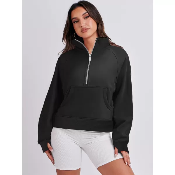 imageANRABESS Womens Cropped Sweatshirts Half Zip Pullover Fleece Quarter Zipper Hoodies 2023 Fall Clothes Sweater Thumb HoleBlack