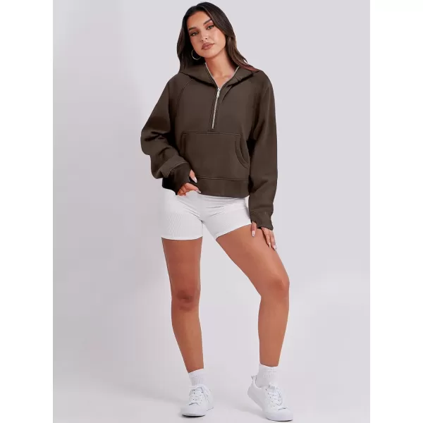imageANRABESS Womens Cropped Sweatshirts Half Zip Pullover Fleece Quarter Zipper Hoodies 2023 Fall Clothes Sweater Thumb HoleBrown