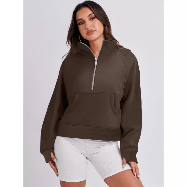 imageANRABESS Womens Cropped Sweatshirts Half Zip Pullover Fleece Quarter Zipper Hoodies 2023 Fall Clothes Sweater Thumb HoleBrown