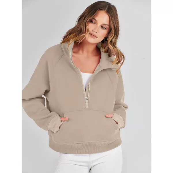 imageANRABESS Womens Cropped Sweatshirts Half Zip Pullover Fleece Quarter Zipper Hoodies 2023 Fall Clothes Sweater Thumb HoleCamel