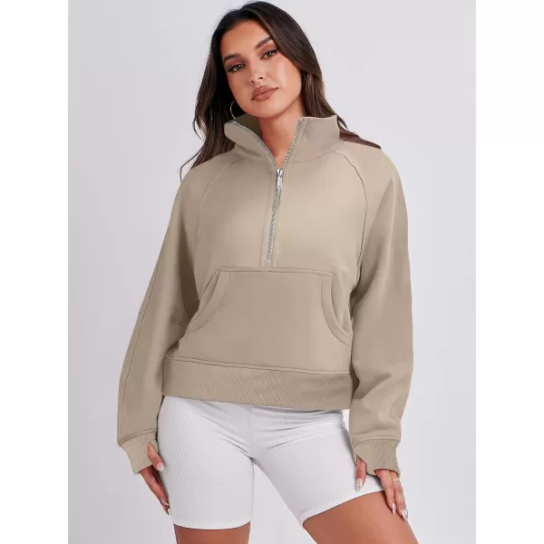 imageANRABESS Womens Cropped Sweatshirts Half Zip Pullover Fleece Quarter Zipper Hoodies 2023 Fall Clothes Sweater Thumb HoleCamel