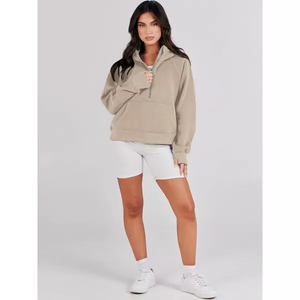 imageANRABESS Womens Cropped Sweatshirts Half Zip Pullover Fleece Quarter Zipper Hoodies 2023 Fall Clothes Sweater Thumb HoleCamel