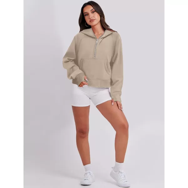 imageANRABESS Womens Cropped Sweatshirts Half Zip Pullover Fleece Quarter Zipper Hoodies 2023 Fall Clothes Sweater Thumb HoleCamel