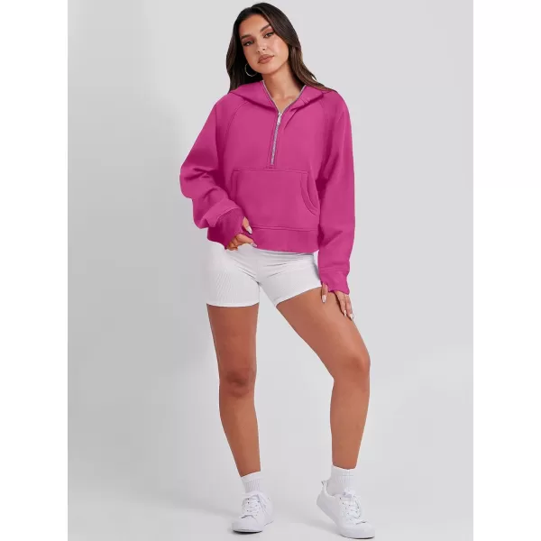 imageANRABESS Womens Cropped Sweatshirts Half Zip Pullover Fleece Quarter Zipper Hoodies 2023 Fall Clothes Sweater Thumb HoleHot Pink