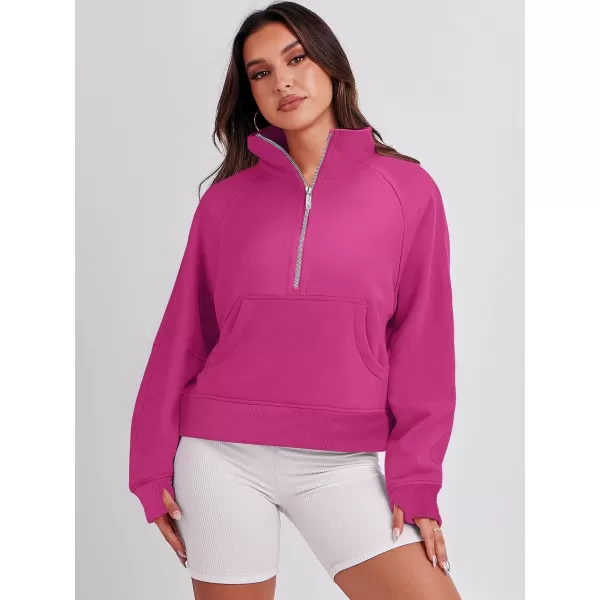 imageANRABESS Womens Cropped Sweatshirts Half Zip Pullover Fleece Quarter Zipper Hoodies 2023 Fall Clothes Sweater Thumb HoleHot Pink