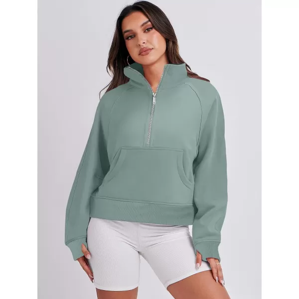 imageANRABESS Womens Cropped Sweatshirts Half Zip Pullover Fleece Quarter Zipper Hoodies 2023 Fall Clothes Sweater Thumb HoleLight Green