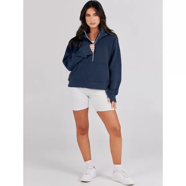 imageANRABESS Womens Cropped Sweatshirts Half Zip Pullover Fleece Quarter Zipper Hoodies 2023 Fall Clothes Sweater Thumb HoleNavy Blue