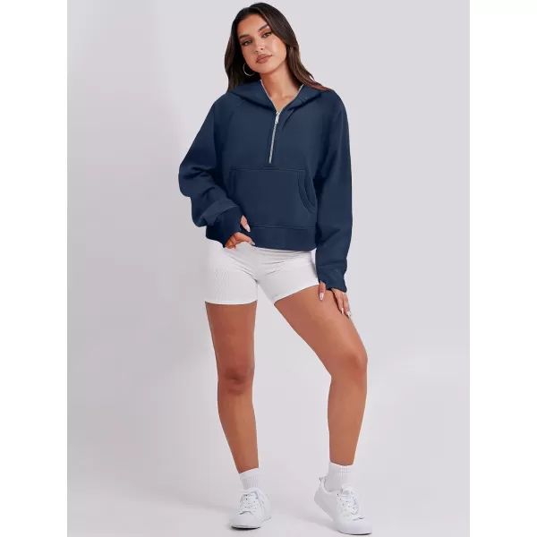 imageANRABESS Womens Cropped Sweatshirts Half Zip Pullover Fleece Quarter Zipper Hoodies 2023 Fall Clothes Sweater Thumb HoleNavy Blue