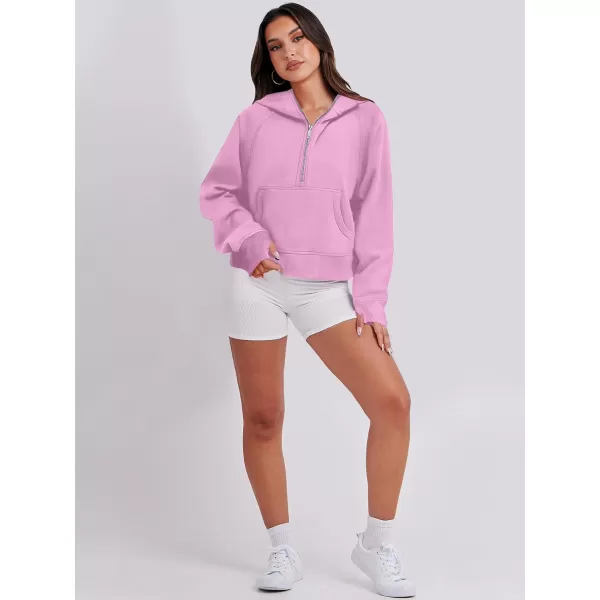 imageANRABESS Womens Cropped Sweatshirts Half Zip Pullover Fleece Quarter Zipper Hoodies 2023 Fall Clothes Sweater Thumb HolePink