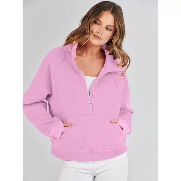imageANRABESS Womens Cropped Sweatshirts Half Zip Pullover Fleece Quarter Zipper Hoodies 2023 Fall Clothes Sweater Thumb HolePink