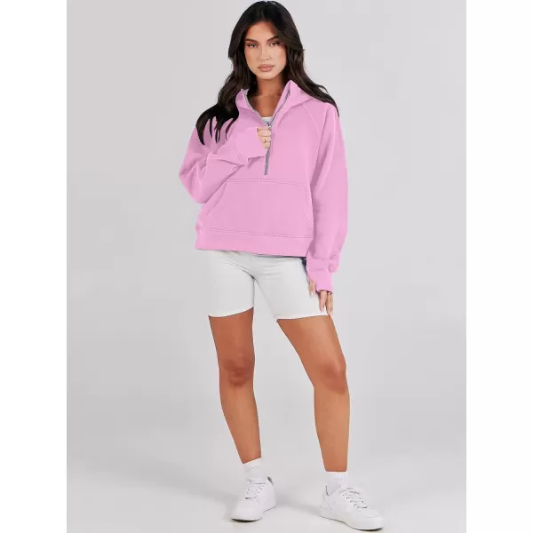 imageANRABESS Womens Cropped Sweatshirts Half Zip Pullover Fleece Quarter Zipper Hoodies 2023 Fall Clothes Sweater Thumb HolePink