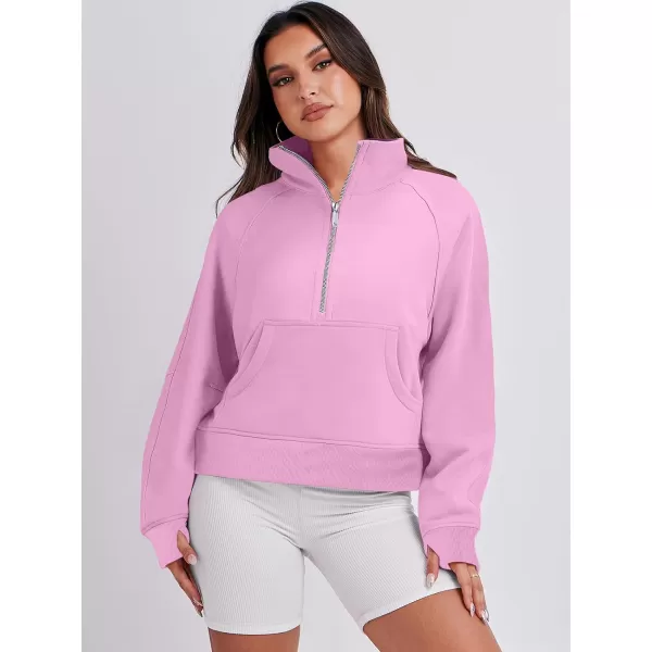 imageANRABESS Womens Cropped Sweatshirts Half Zip Pullover Fleece Quarter Zipper Hoodies 2023 Fall Clothes Sweater Thumb HolePink