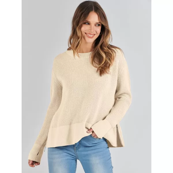 imageANRABESS Womens Cropped Waffle Knit Sweater 2023 Fall Crewneck Long Sleeve Casual Side Zipper Pullover Jumper with ThumbholesBeige