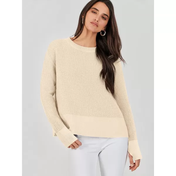imageANRABESS Womens Cropped Waffle Knit Sweater 2023 Fall Crewneck Long Sleeve Casual Side Zipper Pullover Jumper with ThumbholesBeige