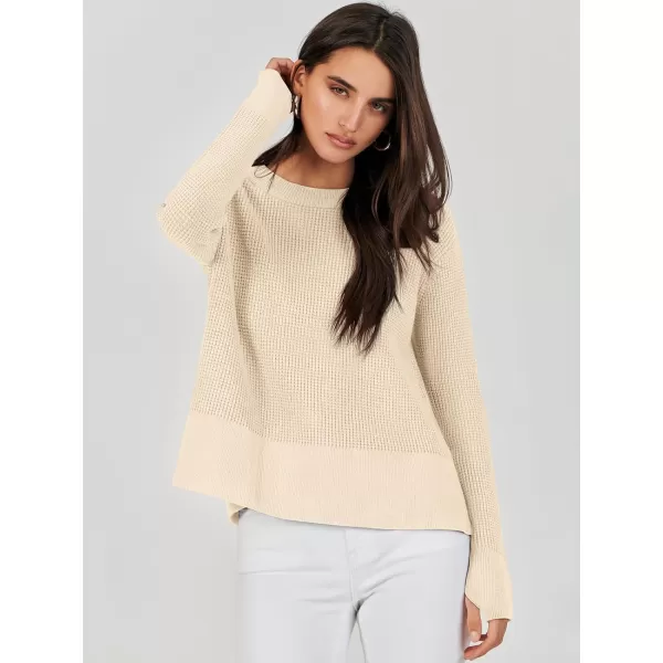 imageANRABESS Womens Cropped Waffle Knit Sweater 2023 Fall Crewneck Long Sleeve Casual Side Zipper Pullover Jumper with ThumbholesBeige