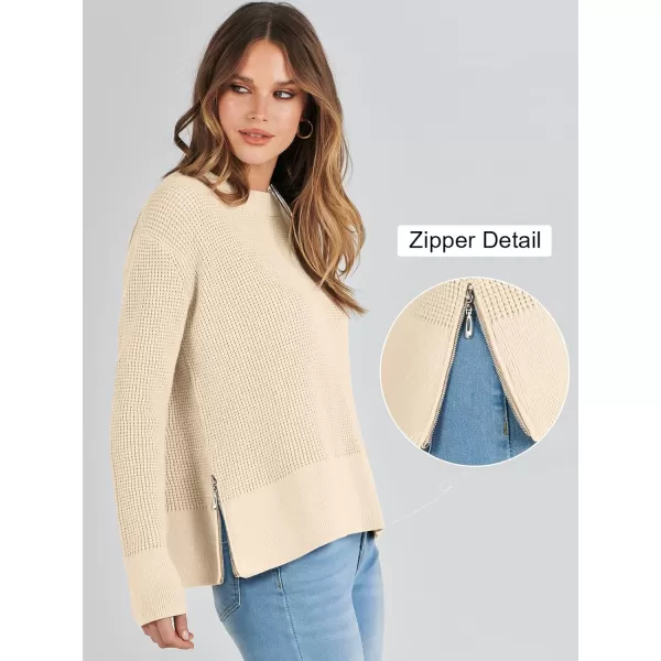 imageANRABESS Womens Cropped Waffle Knit Sweater 2023 Fall Crewneck Long Sleeve Casual Side Zipper Pullover Jumper with ThumbholesBeige