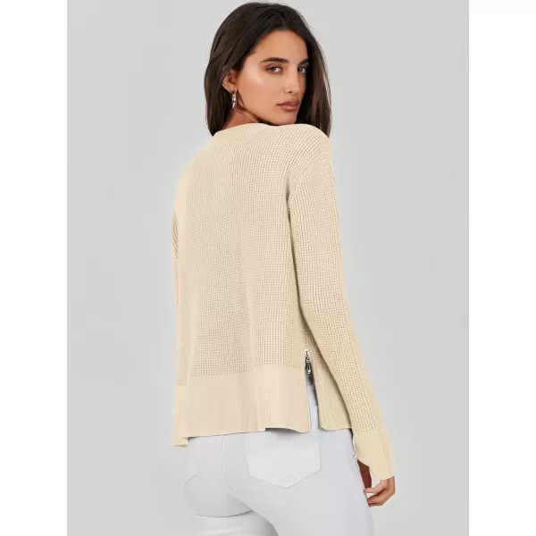 imageANRABESS Womens Cropped Waffle Knit Sweater 2023 Fall Crewneck Long Sleeve Casual Side Zipper Pullover Jumper with ThumbholesBeige