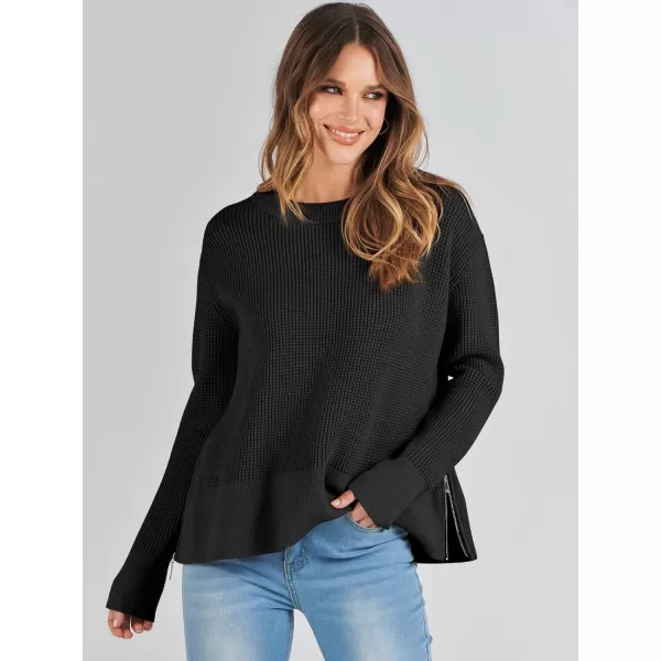 imageANRABESS Womens Cropped Waffle Knit Sweater 2023 Fall Crewneck Long Sleeve Casual Side Zipper Pullover Jumper with ThumbholesBlack