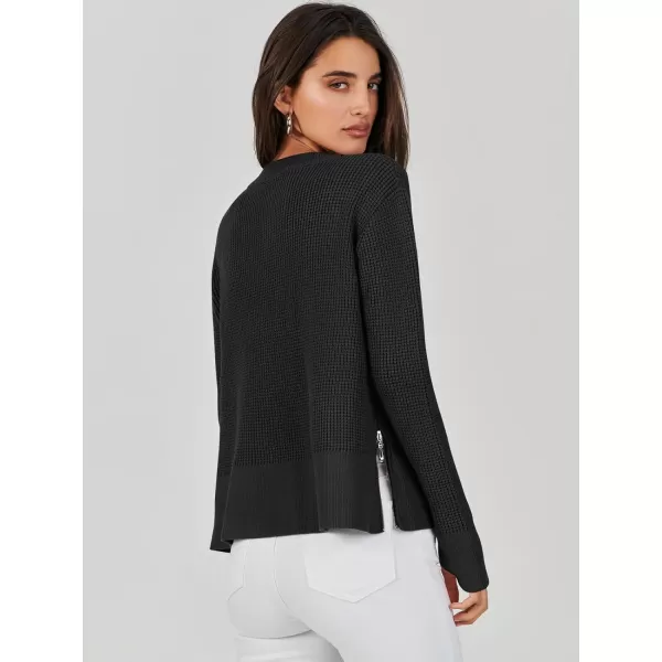 imageANRABESS Womens Cropped Waffle Knit Sweater 2023 Fall Crewneck Long Sleeve Casual Side Zipper Pullover Jumper with ThumbholesBlack