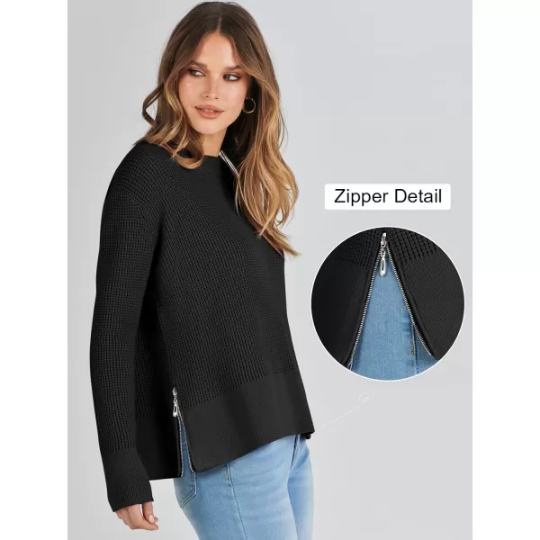 imageANRABESS Womens Cropped Waffle Knit Sweater 2023 Fall Crewneck Long Sleeve Casual Side Zipper Pullover Jumper with ThumbholesBlack