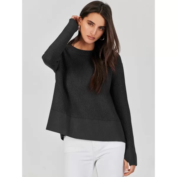 imageANRABESS Womens Cropped Waffle Knit Sweater 2023 Fall Crewneck Long Sleeve Casual Side Zipper Pullover Jumper with ThumbholesBlack