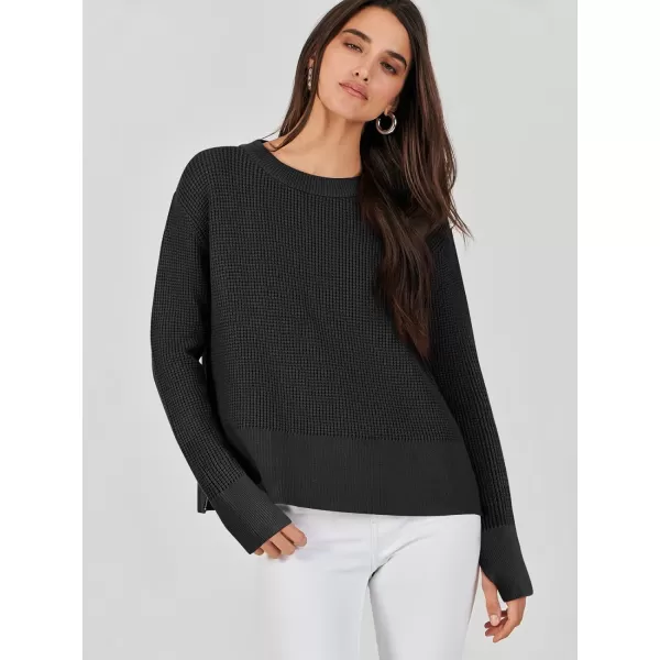 imageANRABESS Womens Cropped Waffle Knit Sweater 2023 Fall Crewneck Long Sleeve Casual Side Zipper Pullover Jumper with ThumbholesBlack