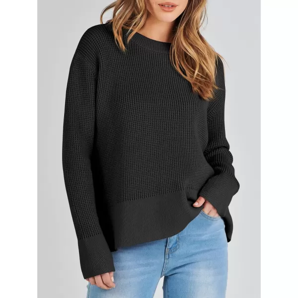 imageANRABESS Womens Cropped Waffle Knit Sweater 2023 Fall Crewneck Long Sleeve Casual Side Zipper Pullover Jumper with ThumbholesBlack