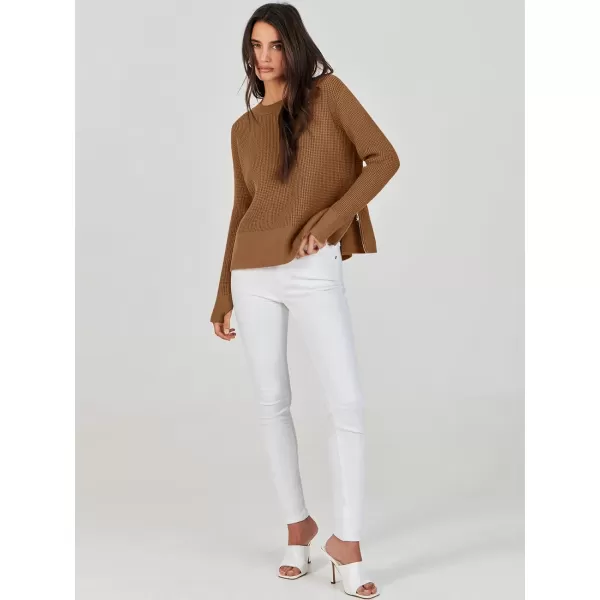 imageANRABESS Womens Cropped Waffle Knit Sweater 2023 Fall Crewneck Long Sleeve Casual Side Zipper Pullover Jumper with ThumbholesCaramel