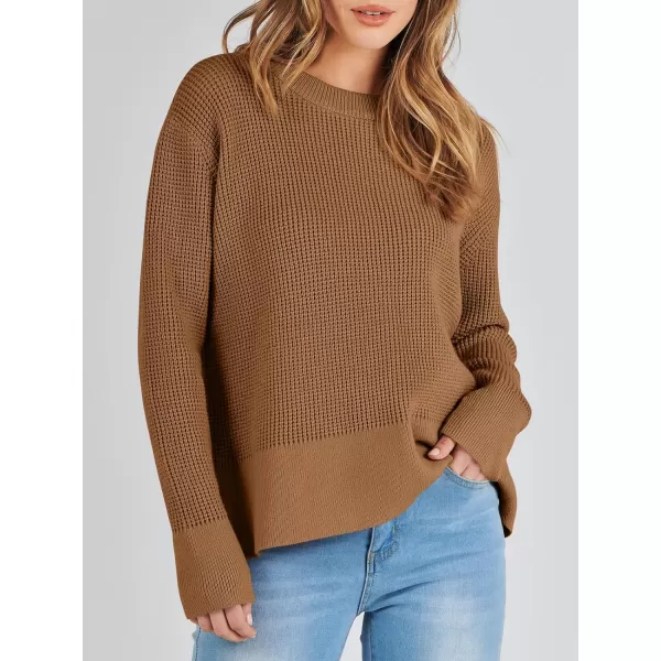 imageANRABESS Womens Cropped Waffle Knit Sweater 2023 Fall Crewneck Long Sleeve Casual Side Zipper Pullover Jumper with ThumbholesCaramel
