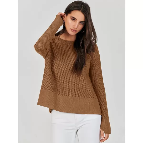 imageANRABESS Womens Cropped Waffle Knit Sweater 2023 Fall Crewneck Long Sleeve Casual Side Zipper Pullover Jumper with ThumbholesCaramel