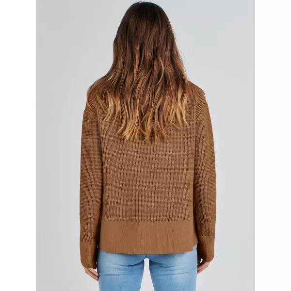 imageANRABESS Womens Cropped Waffle Knit Sweater 2023 Fall Crewneck Long Sleeve Casual Side Zipper Pullover Jumper with ThumbholesCaramel