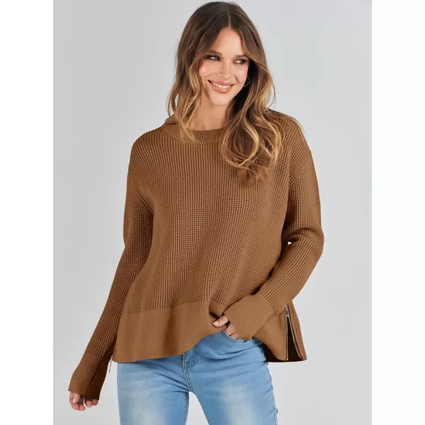 imageANRABESS Womens Cropped Waffle Knit Sweater 2023 Fall Crewneck Long Sleeve Casual Side Zipper Pullover Jumper with ThumbholesCaramel