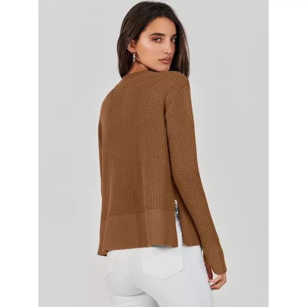imageANRABESS Womens Cropped Waffle Knit Sweater 2023 Fall Crewneck Long Sleeve Casual Side Zipper Pullover Jumper with ThumbholesCaramel
