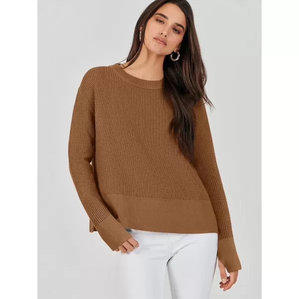 imageANRABESS Womens Cropped Waffle Knit Sweater 2023 Fall Crewneck Long Sleeve Casual Side Zipper Pullover Jumper with ThumbholesCaramel