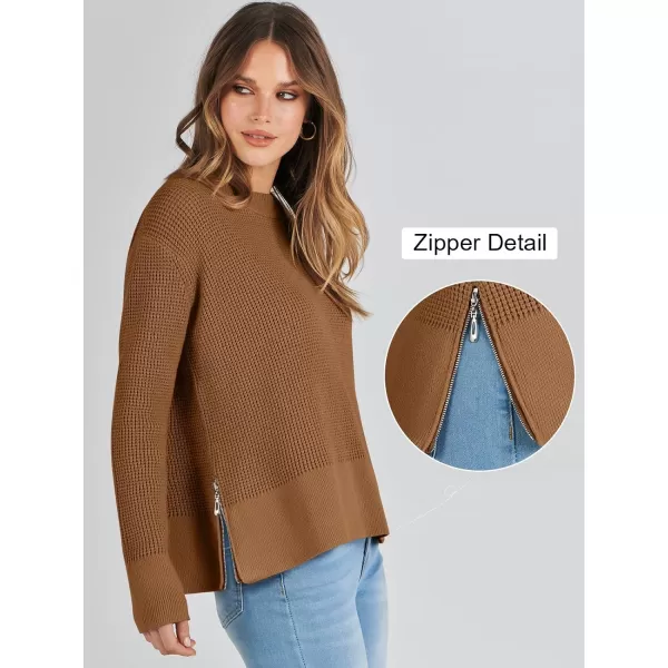 imageANRABESS Womens Cropped Waffle Knit Sweater 2023 Fall Crewneck Long Sleeve Casual Side Zipper Pullover Jumper with ThumbholesCaramel