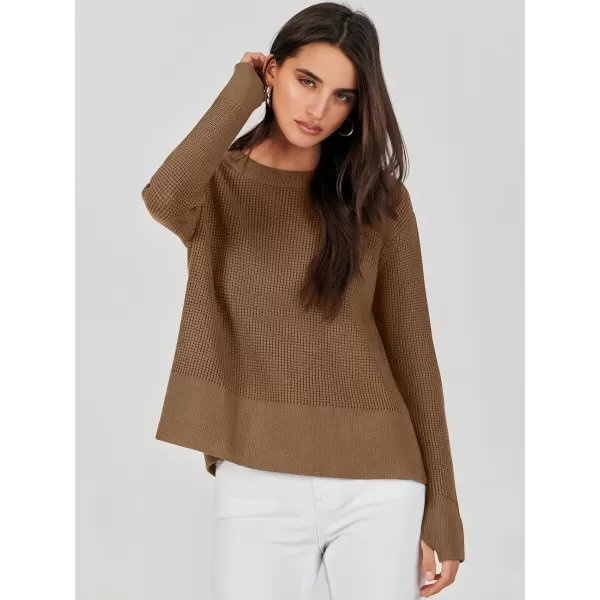 imageANRABESS Womens Cropped Waffle Knit Sweater 2023 Fall Crewneck Long Sleeve Casual Side Zipper Pullover Jumper with ThumbholesCoffee